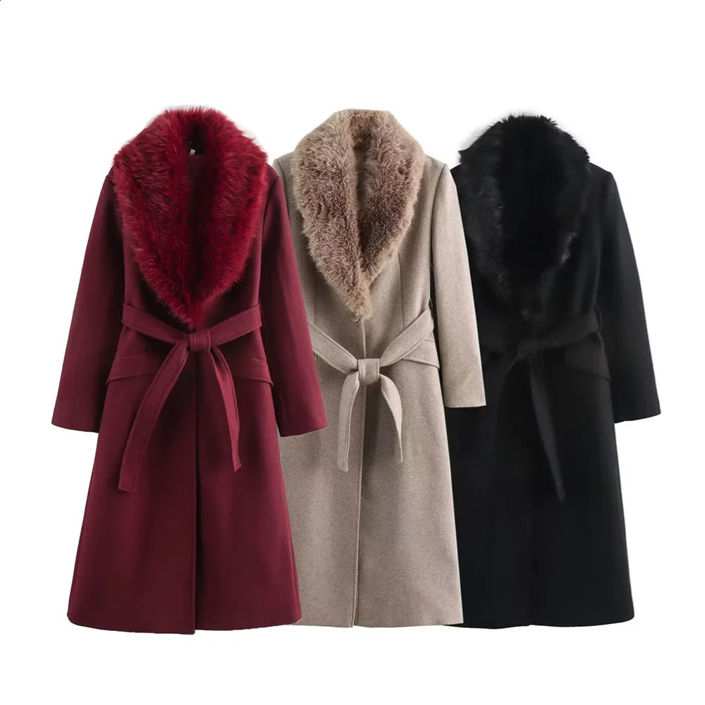 womens lapel single breasted fur collar coat jacket belt decoration autumn and winter womens clothing 251105