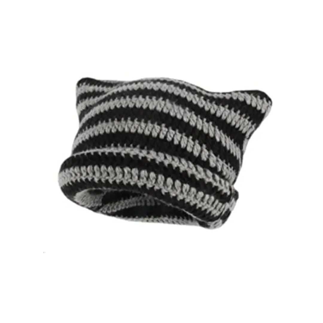 Cute Cat Ears Beanie Hats for Women Winter Striped Korean Punk Gothic Y2K Wool Knitted Streetwear Handmade Crochet Bucket CapXJ251110