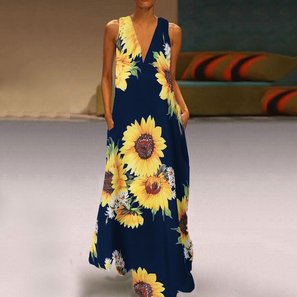 New women's Bohemian printed sunflower V-neck sleeveless pocket insert summer long dress