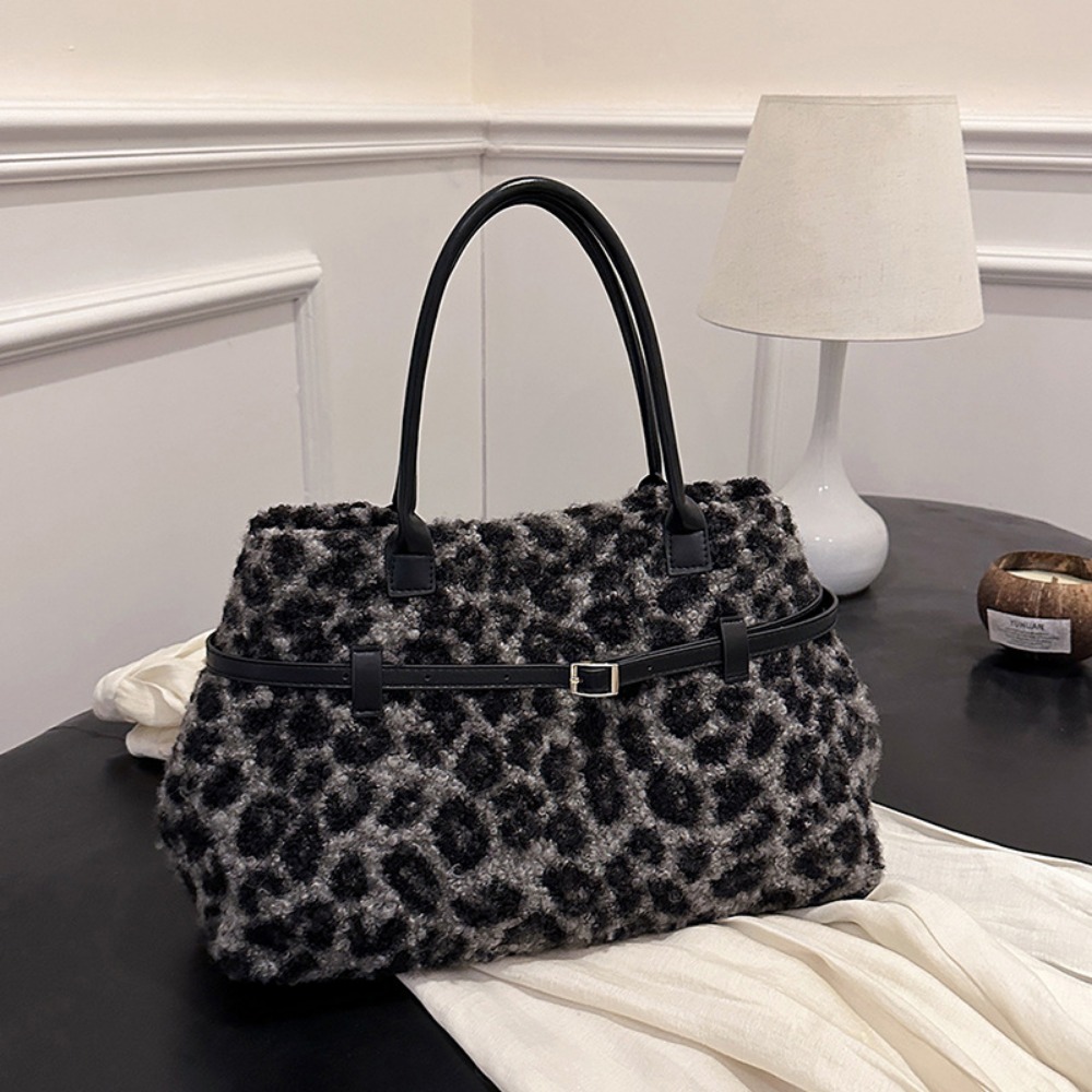 Stylish Vintage Ladies' Faux Lambskin Leopard Print Duffle for All Seasons Practical with Adjustable Strap Options