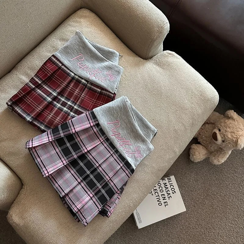 Harajuku Sweet Pink Letter ed Plaid Splitting Skirts for Women Summer High Waist Slimming Anti Exposure Wrinkle 250410