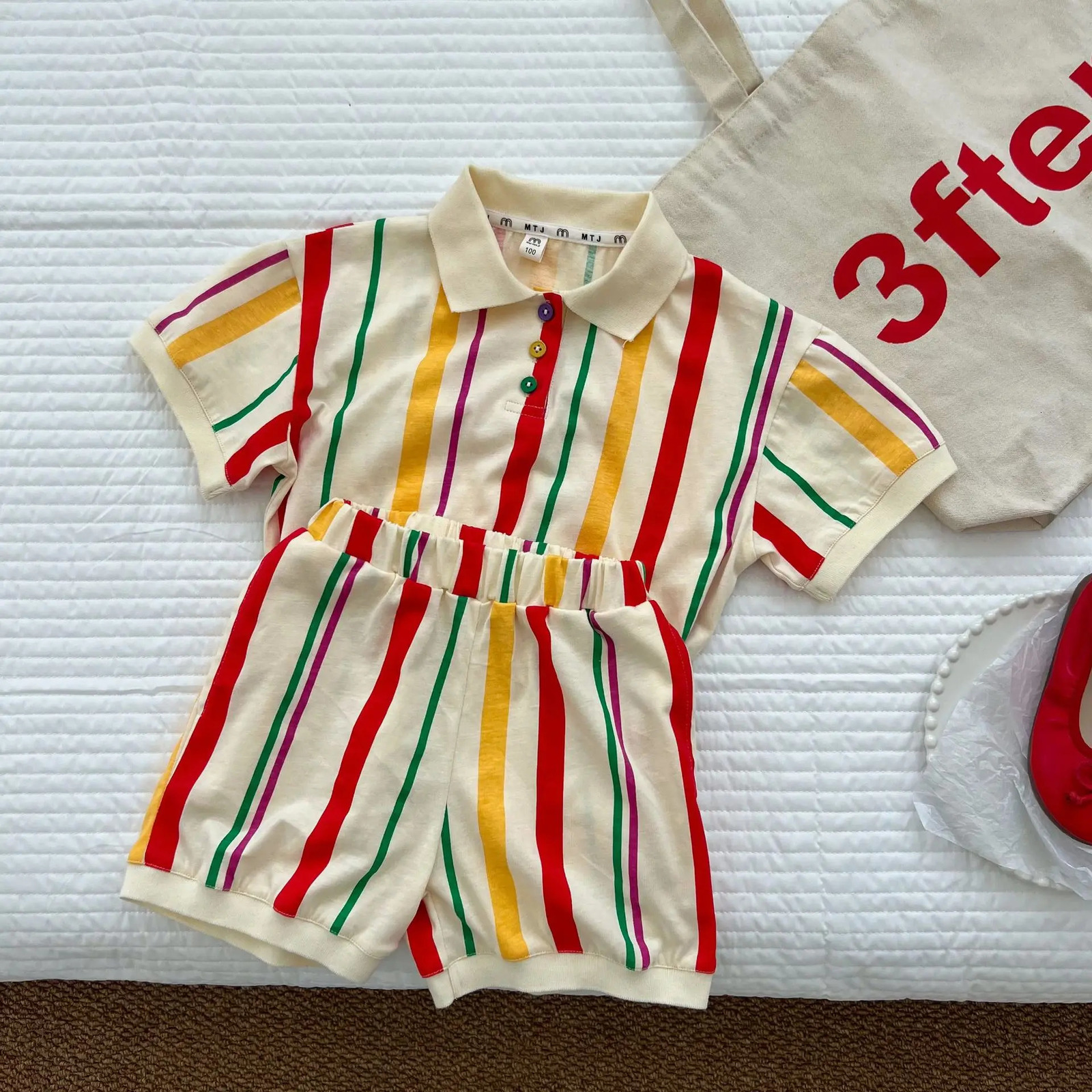 Summer childrens striped knitting suit childrens polo dress boys short sleeve suit sisters attic childrens clothing 250409