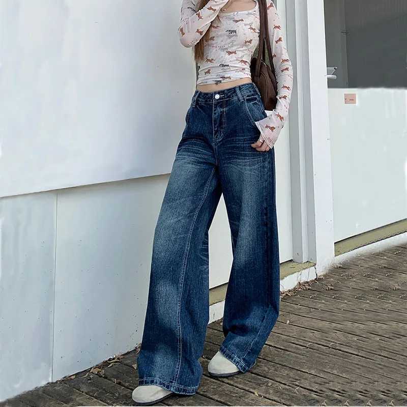 2025 Autumn Womens Y2K Jeans Dongdaemun Navy Back Whisker Jeans Loose Straight Leg Casual Denim Pants 2742 C251110