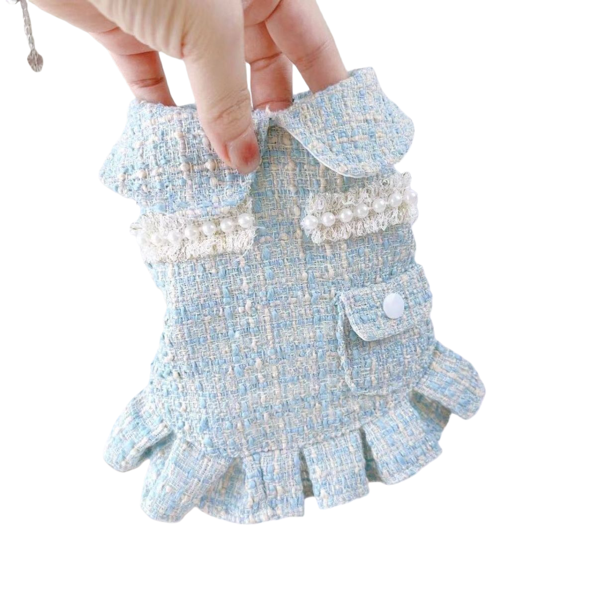 Fashion Tweed Pet Dress with Pearl Decoration, Ruffle Hem & Pocket Design, Stylish Small Dog Clothes for Bichon Poodle, High-Quality Pet Apparel for D