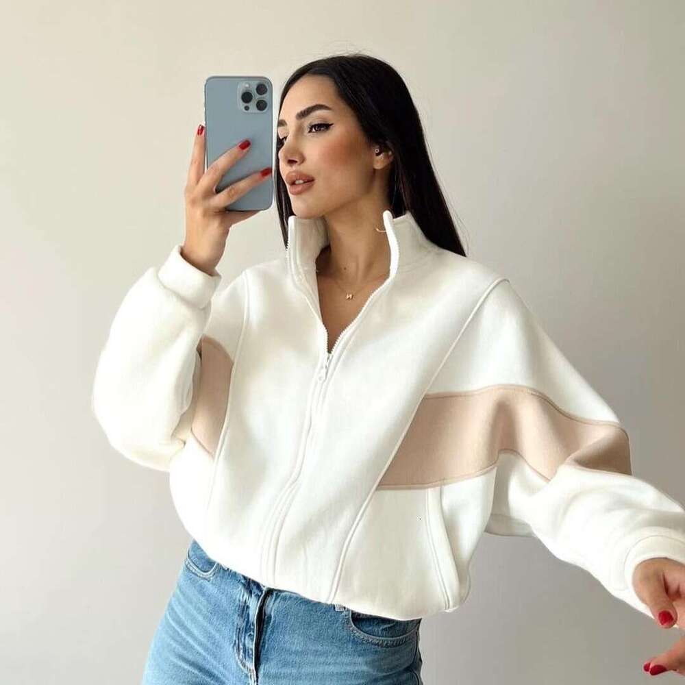 Fall/Winter 2024 European and American Women's Loose Casual Versatile Top Long Sleeve Color blocked Stand up Collar Coat for Women