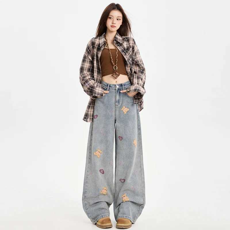 Y2K Loose Jeans Women Pants Casual Comfortable Retro Embroidery Bear Wide Leg Denim Trousers Streetwear Fashion C251110
