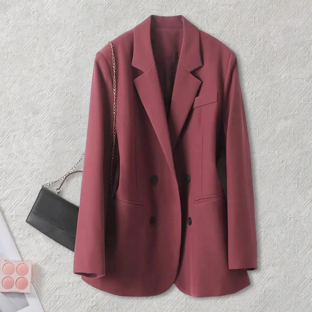 Womens set jacket Elegant lapel double chest fashionable office womens coat with solid pockets 250407