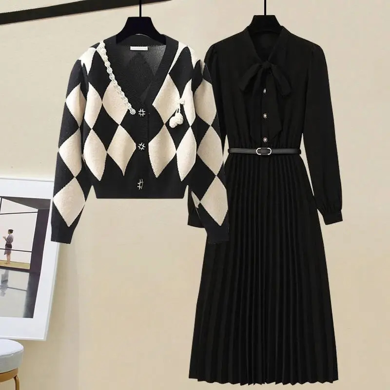 Spring Autumn Sweater Outfits Womens Vintage Plaid Elegant Casual Knitted Cardigan Coat Black Slim Midi Dress Two Piece Set 251110