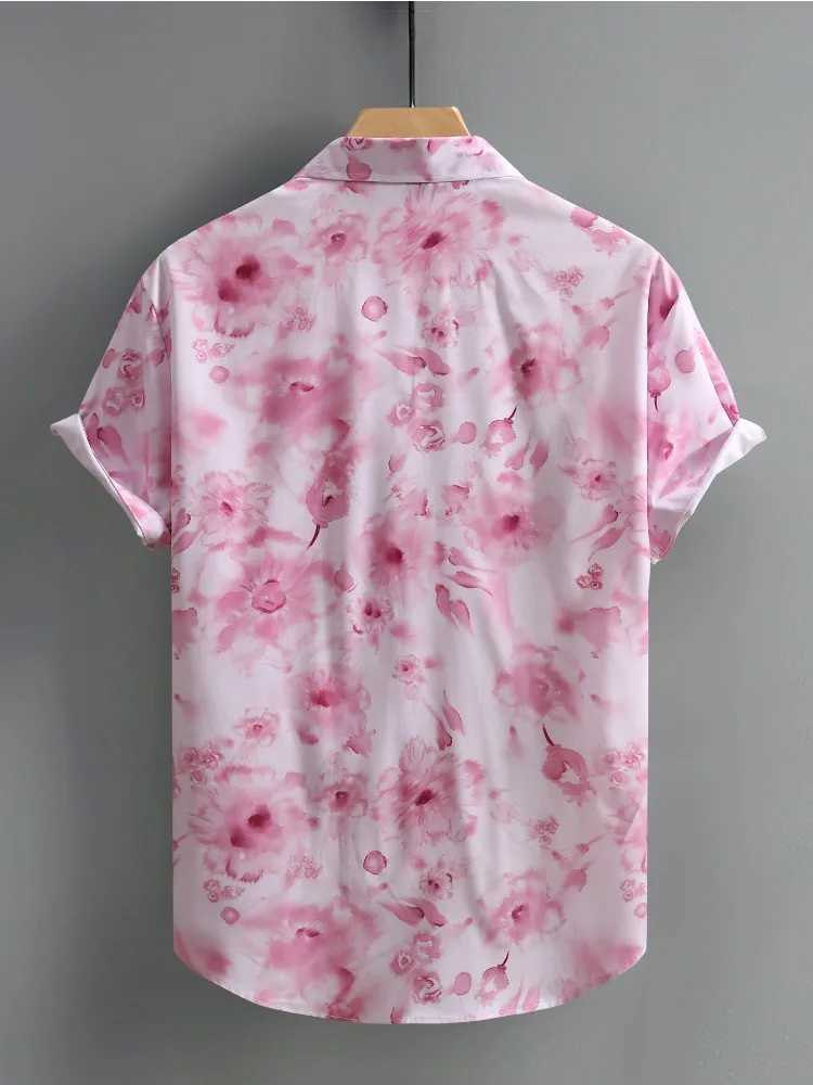 Pink floral print beach mens summer casual short sleeved Hawaiian mens daily top party outfit X250410