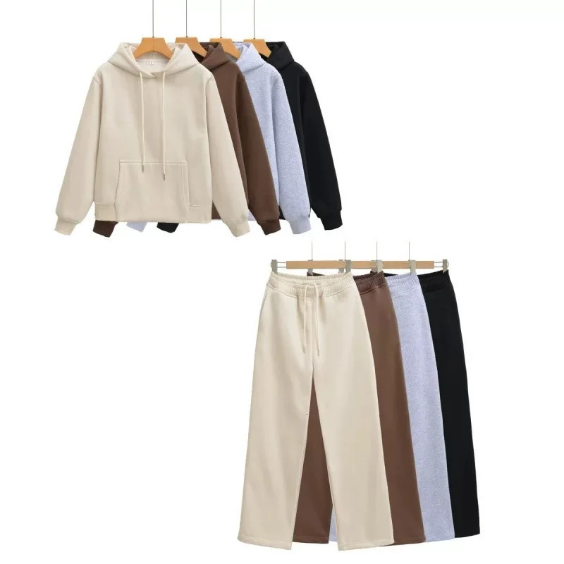 Female Hooded Sweatshirt Front Pocket Casual SweatpantsElastic Waist Pants Autumn Set Solid Beige Fashion High Street 251110