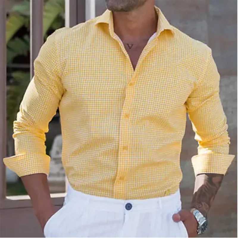 Fashion 2023 Mens Shirt Button Down Shirt Casual Shirt Yellow Long Sleeve Plaid Lapel Street Daily Clothes Casual Comfortable K251110