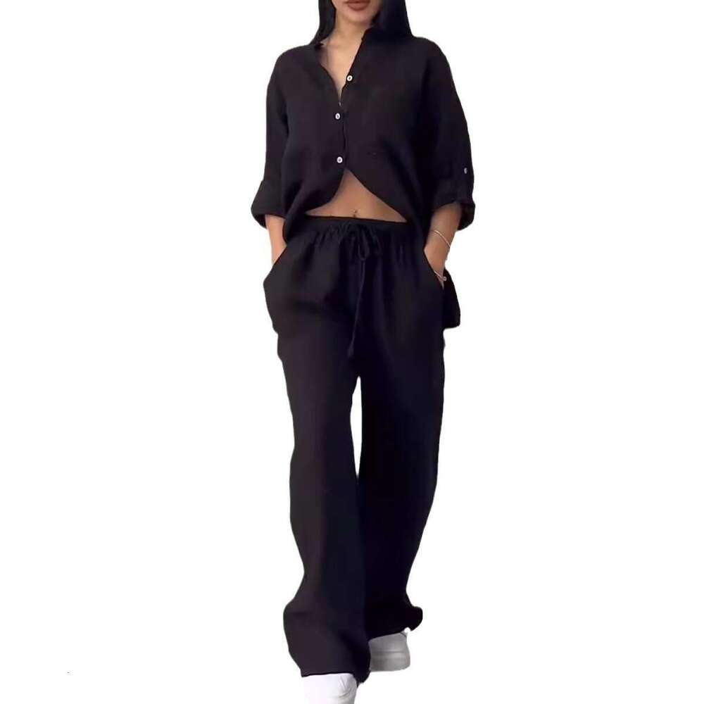 2025 New European American Cross-Border Women's Solid Color Single-Breasted Sleeve Shirt Two-Piece Set with Wide-Leg and Tie-Up Long Pants for Wo