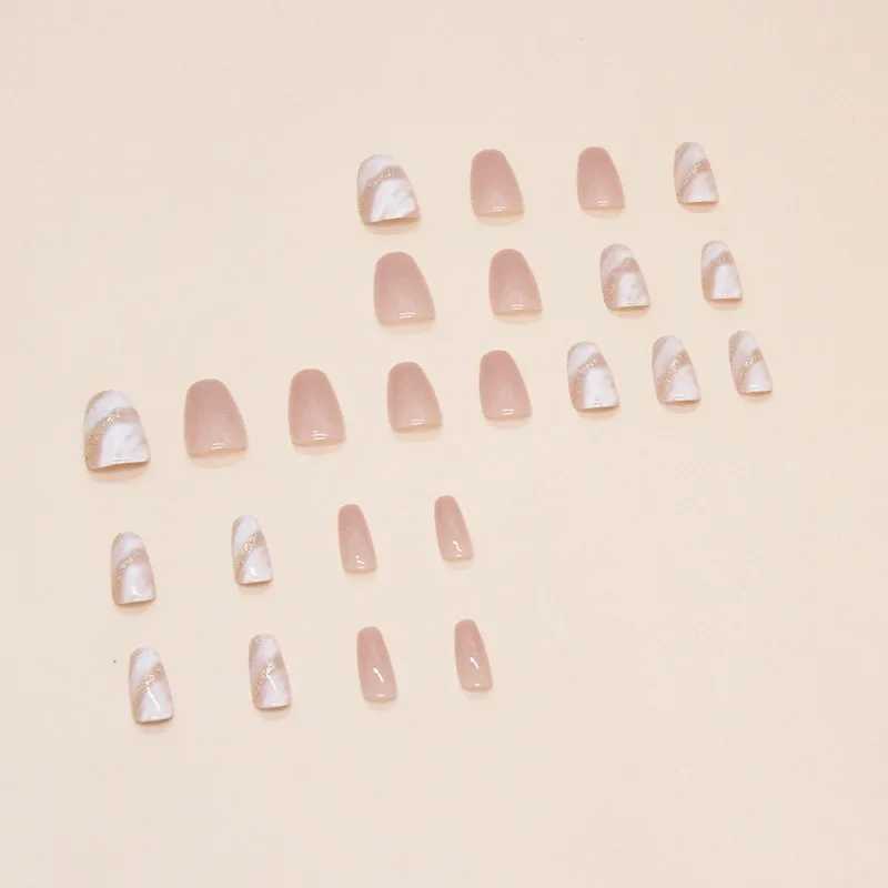 24 pink glitter fake nails with jelly stickers pressed onto the fake nails wearable round head oval full cover nail tips W250410