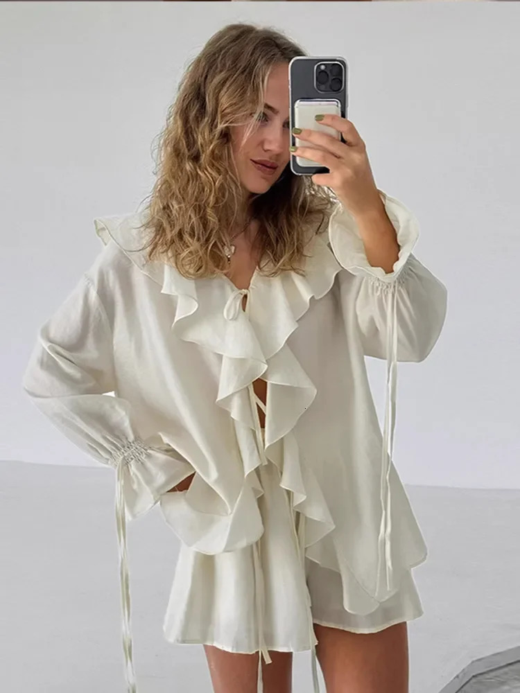 Summer holiday long sleeved pleated lace chiffon shorts set for womens casual V-neck solid loose shorts set womens clothing 250409