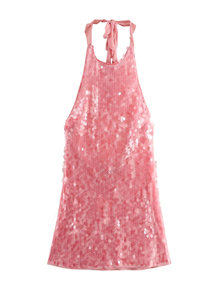 Halter Collar Bead Dress Sequin Glitter Lace Up Hanging Neck Fashion Sexy Backless Socialite Party Gown Pink Beach Short Dresses 250409