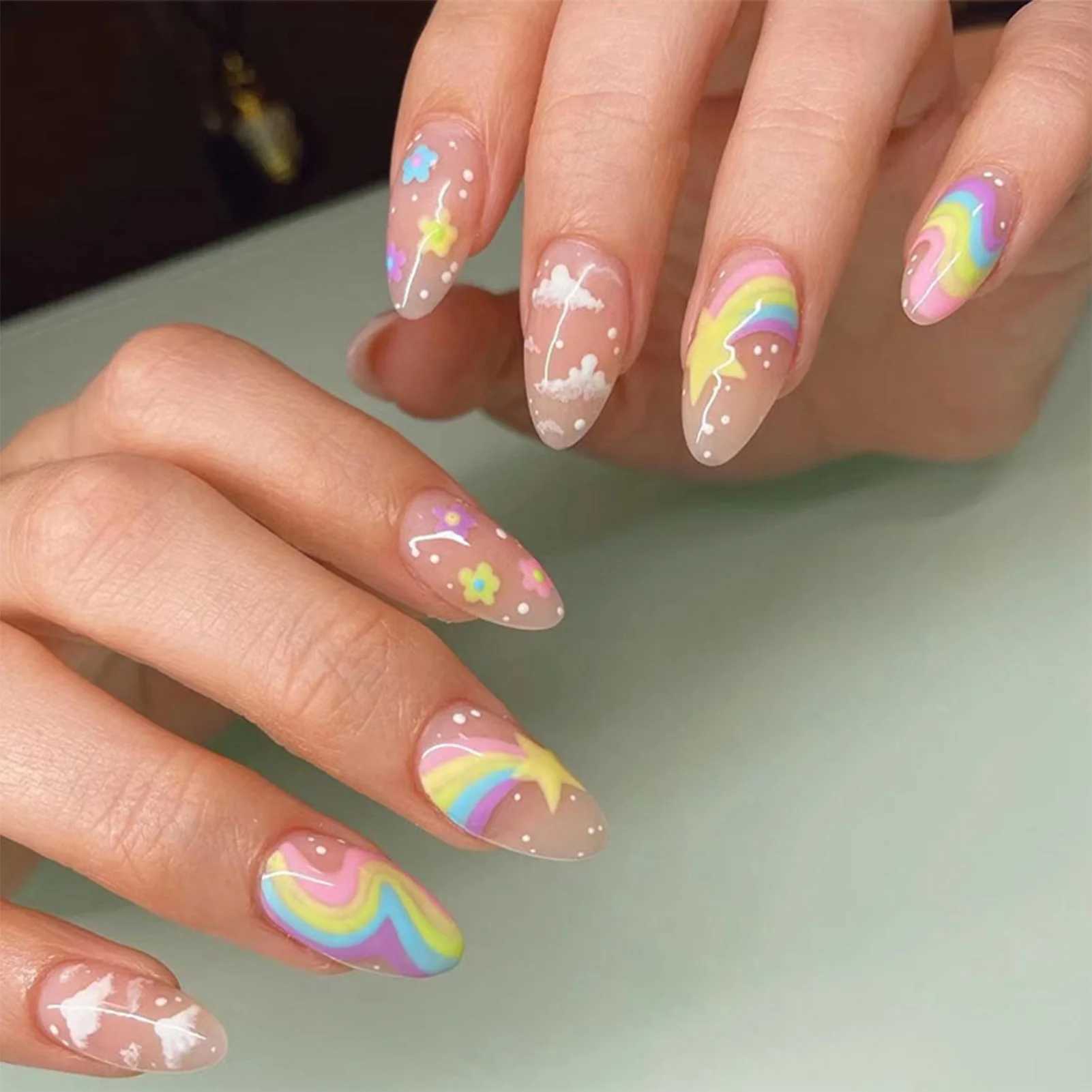 24 cute colored fake nail tips suitable for girls Rainbow Cloud Star printed almond fake nails full set of reusable adhesive fake nails W250410