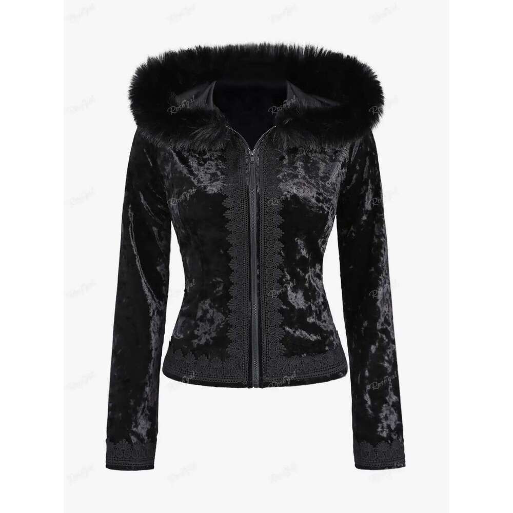 ROSEGAL Plus Size Gothic Coats Black Full Zipper Applique Panel Fur Trim Fluffy Collar Long Sleeves Velvet Coat Outwears
