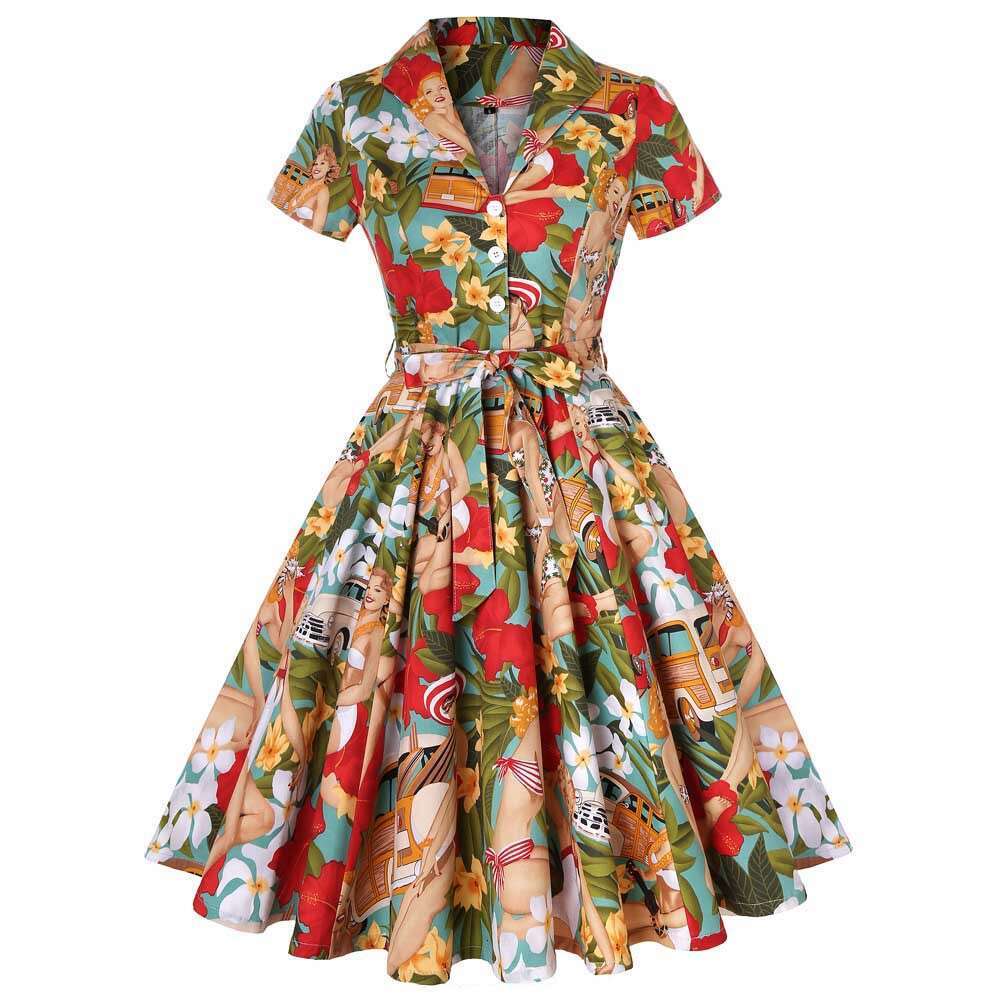 European and American Hepburn style retro sexy lapel open collar short sleeved fresh printed lace up big swing dress cotton belt 2025 new casual versa