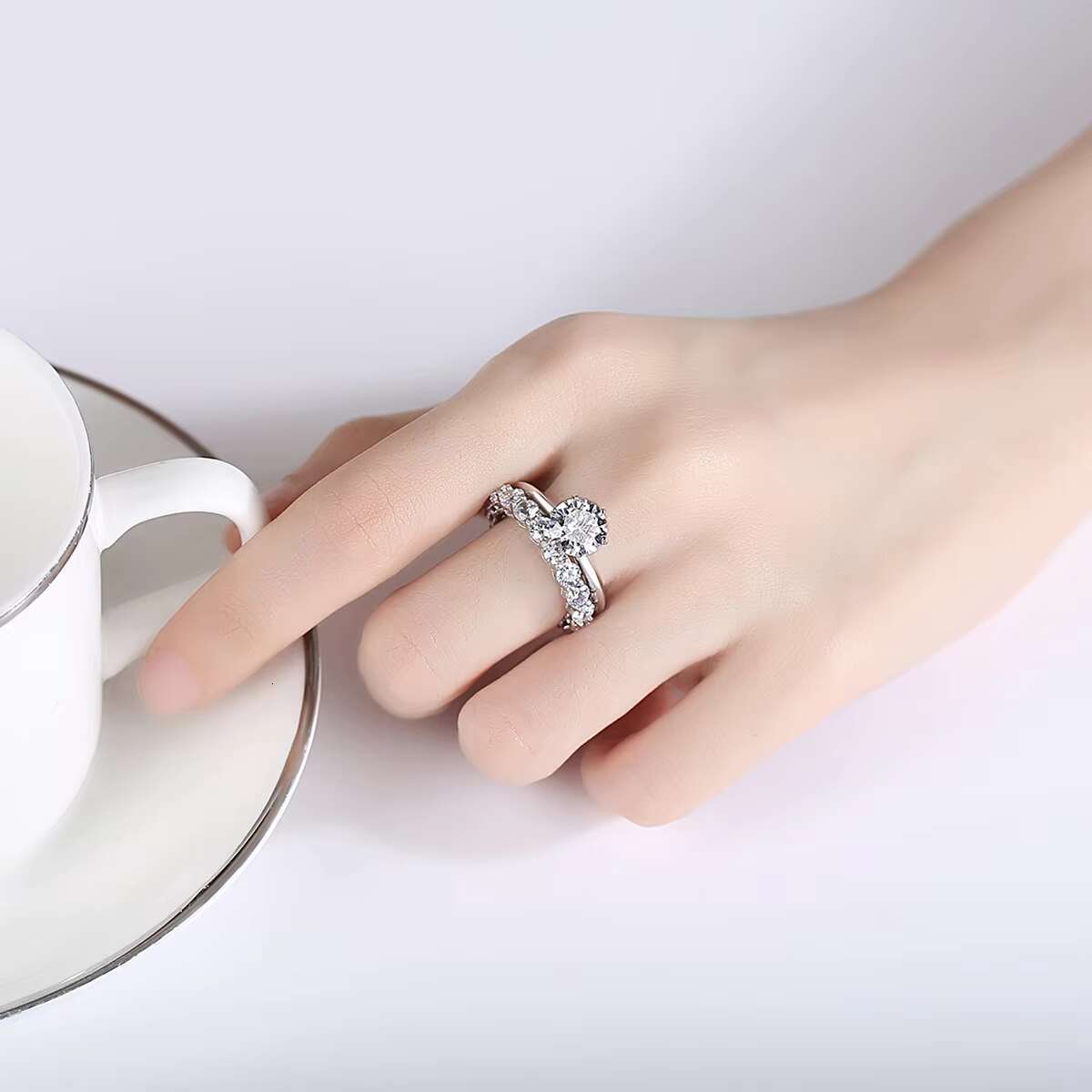 Wholesale Mosan Diamond Ring S925 Silver Combination European American Wedding Banquet Trendy Stacking Style White Gold Rhodium
