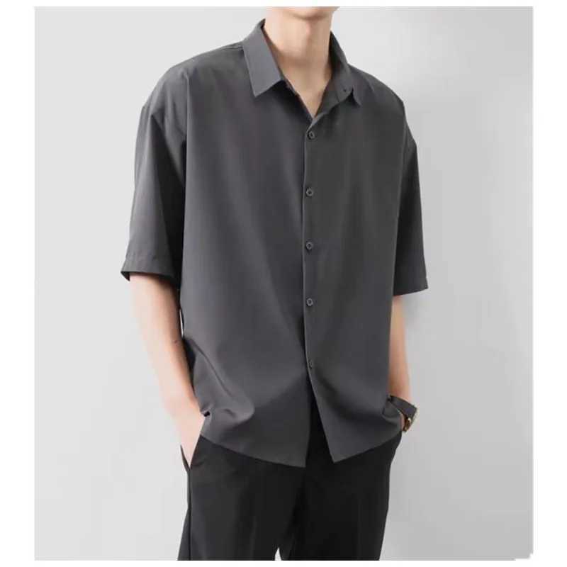Advanced mens ice silk shirt for spring and summer thin luxurious loose Korean business shirt solid fashionable pleated dress jacket B0142 X250410