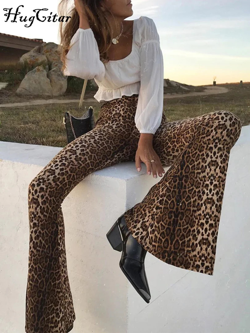Hugcitar High Waist Leopard Print Flare Leggings Autumn Winter Women Fashion Sexy Bodycon Trousers Club Pants 250409