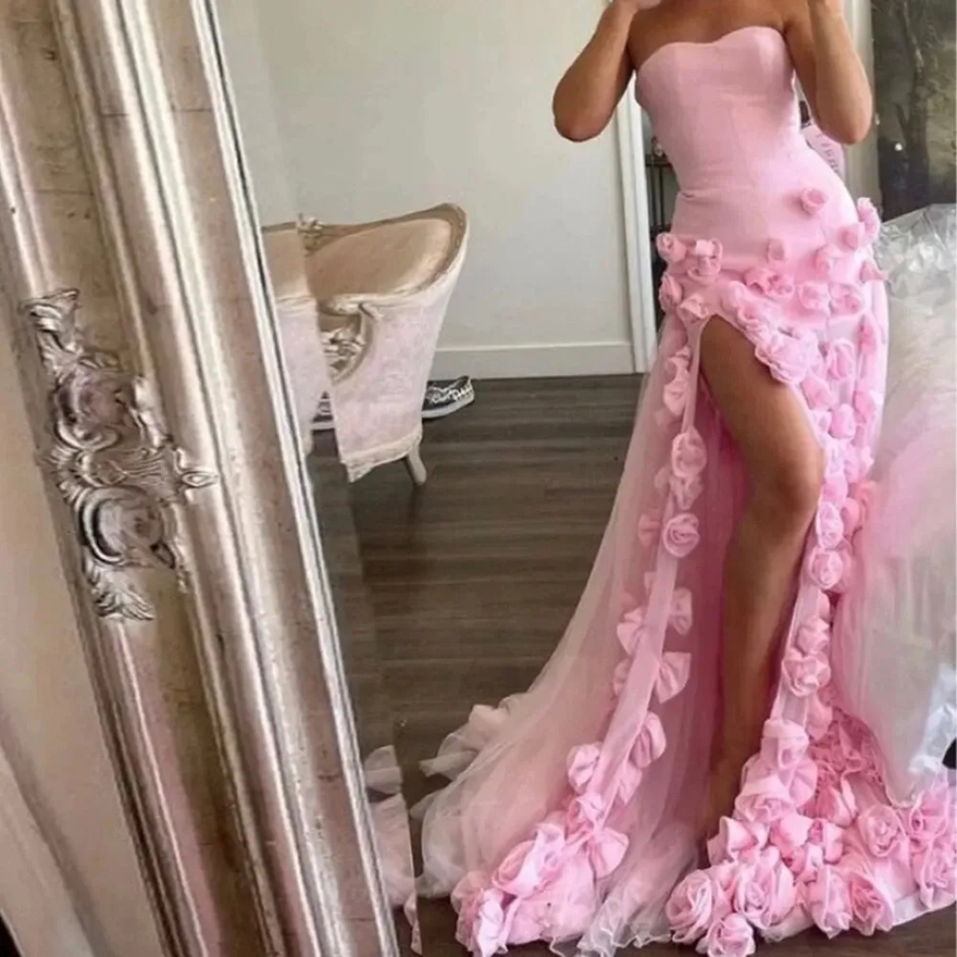 Hand Made Flowers Pink Evening Dresses Side Slit Sexy Sleeveless Long Mermaid Prom Dress Sweetheart Neck Chic Engagement Dress For Women 2025