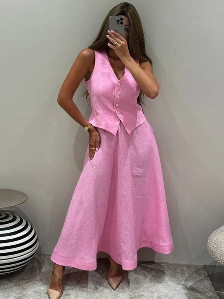 Women Vest Skirt Suit Solid O-neck Single Breasted Short Sleeve Short Top Button Wide Leg Skirts Female Summer Lady Beach Wears 251107