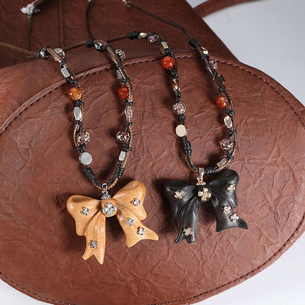 Milad Wooden Bow Pendant Necklace Women, Autumn and Winter Original Design, Light Luxury Niche High-end Sweater Chain for Women