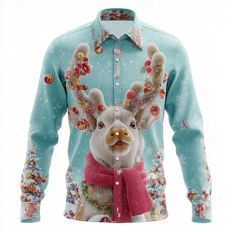 Mens Snowflake Christmas Animal Shirt Long Sleeve Fun Outdoor Holiday Spring Autumn Lapel 3D Printed Lapel Lining Red Blue K251110