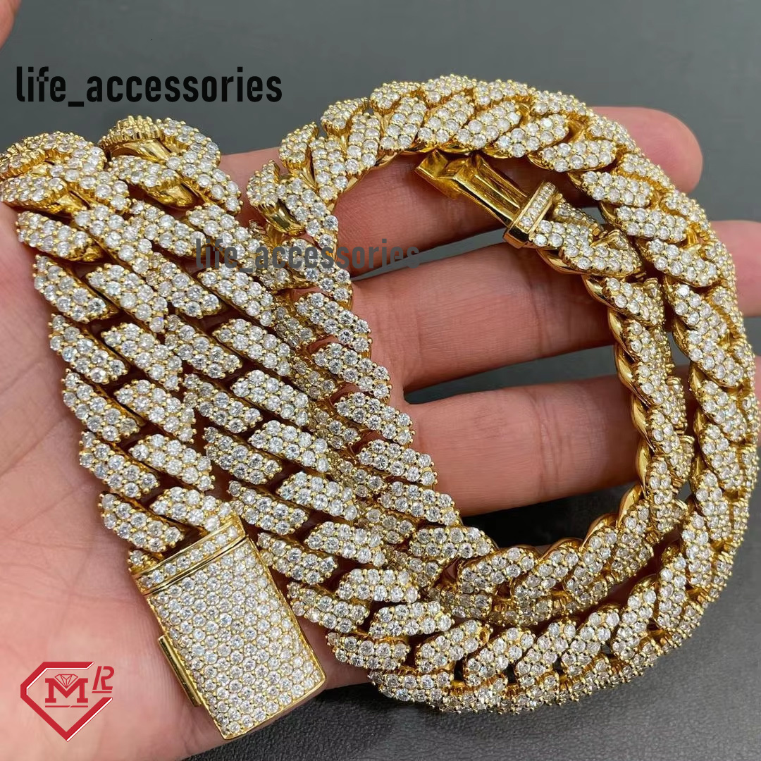 Heavy Hip Hop Moissanite Cuban Chain 925 Silver 2 Rows Gold Plated VVS Cuban Link Chain for Party