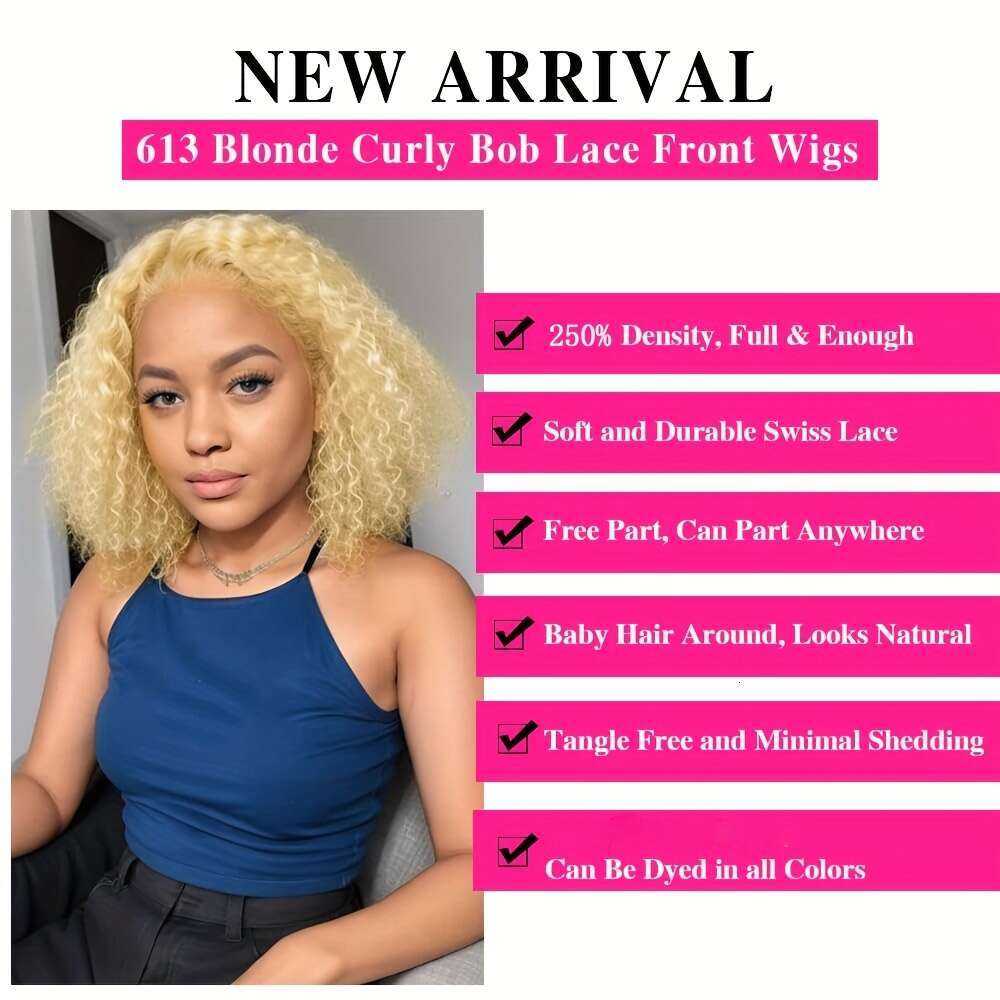 613 Blonde Kinky Bob Human Hair 13X4 Lace Front - Glueless Hairline With Baby Hair, 250% Density Short Jerry Curly Wigs For, Pre-Plucked Frontal Wig F