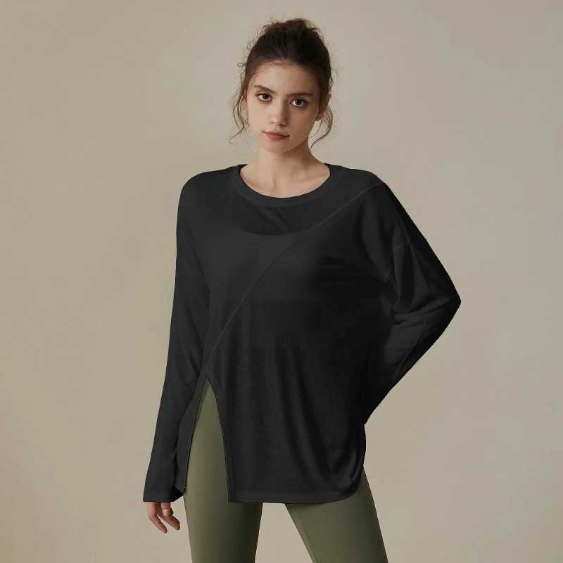Yoga clothing womens running sports loose T-shirt Pilates training long sleeved breathable hollow split topXJ250410