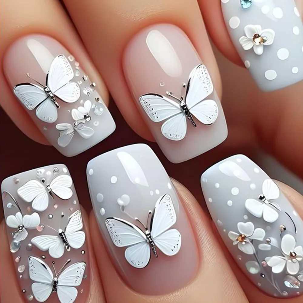24 piece floral complete set of nails pearl design medium to long ballet fake nails square fake nails wearable handle set W250410