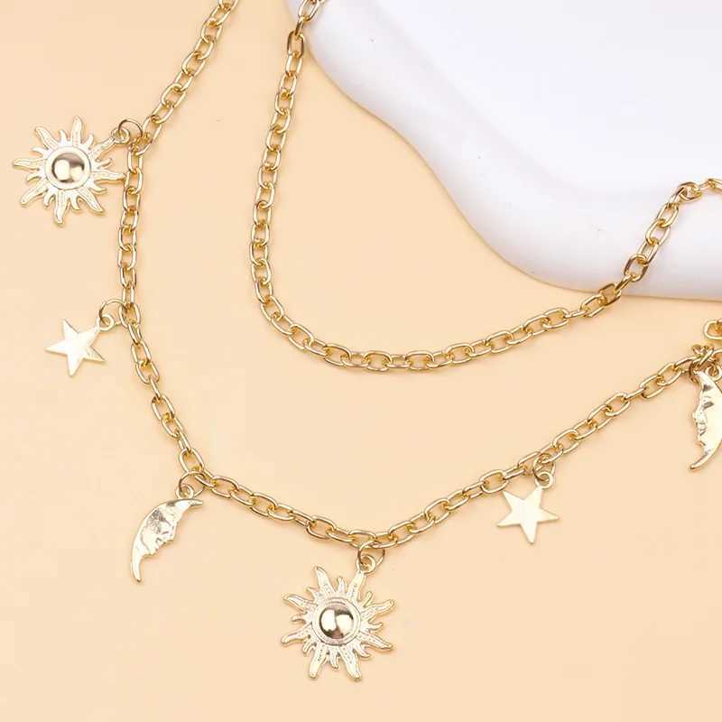 Personalized double-layer retro style Sun Moon Star Tassel alloy waist chain womens body chain jewelry X250410