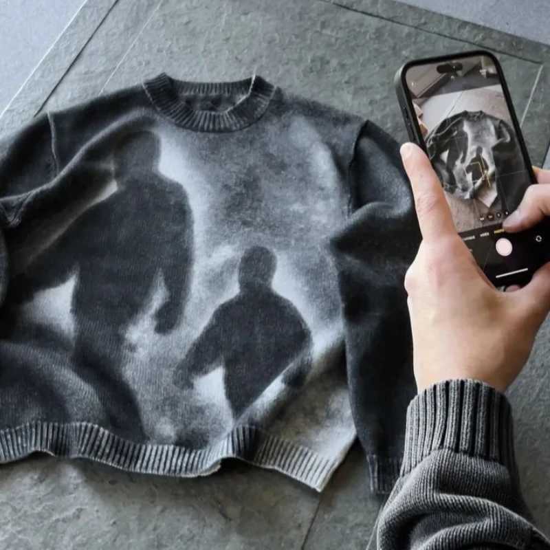 Fashion Gradient Abstract Artistic Portrait Pattern Loose Knit Pullover European High Street Punk Gothic Round Neck Long Sleeve Sweater Y251110