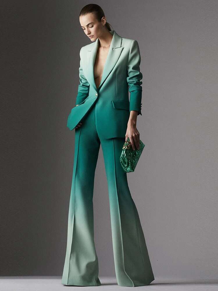 Newest Fashion 2024 Designer Set Women's Single Button Blazer Gradient Color Printed Flare Pants Suit 2Pcs