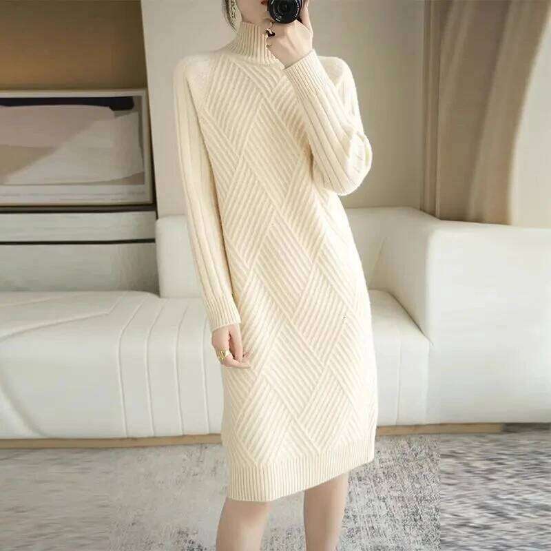 Long Sleeve Bottoming Knitted Autumn Winter Warm Korean Turtleneck Straight Sweater Dresses Women Casual Knee-Length
