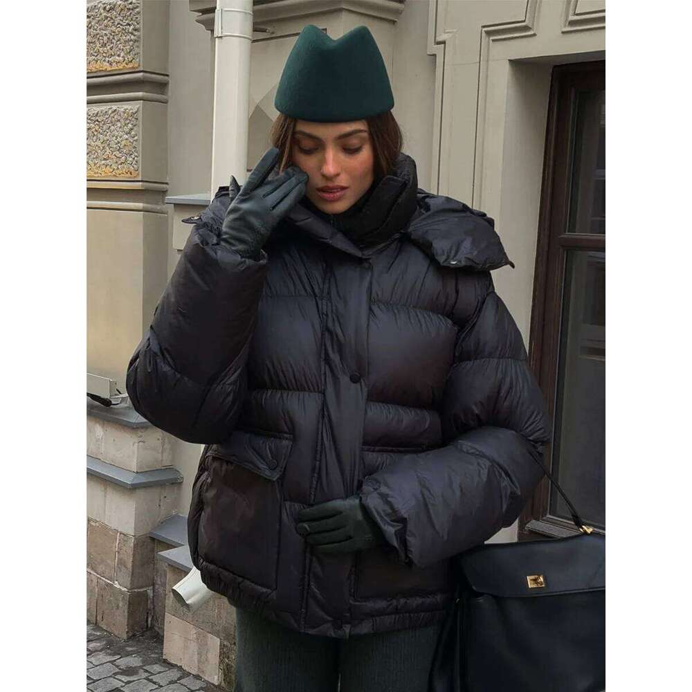 Blubelle Women's New Winter Black Parkas Fashionably Simple Cotton Padded Jacket Square Pocket Warm Hooded Outerwear