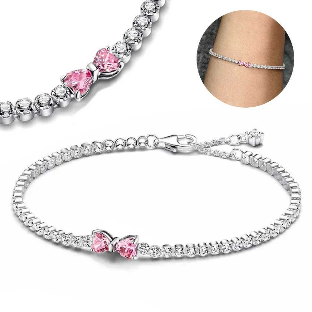 2024 New 925 Silver Pink Bow Full Diamond Bracelet Original 17-20CM Fit DIY Charm Women Birthday Jewelry Valentines Day GiftsT251110