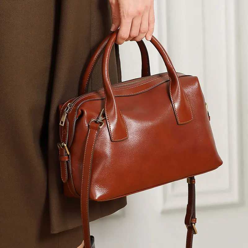 Genuine Leather Womens Bag Vintage Luxury Designer Boston Handbag Women Versatile Shoulder Bag Cowhide Female Crossbody Bags K251110