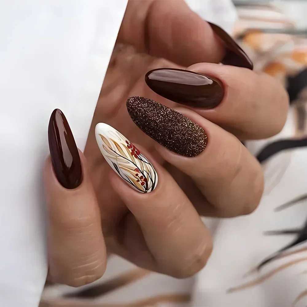 24pcs autumn and winter matte almond fake nails with adhesive rose leaf printing nail art simple full cover press on acrylic nail tips W250410