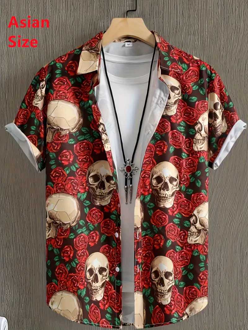 Terror Skull Printed Mens Shirt Summer Hip Hop Style Short Sleeve Collar Mens Street Clothing Hawaii Beach Holiday Shirt X250410