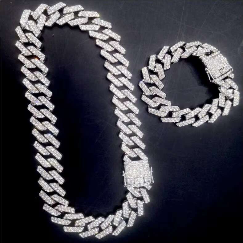 Hip hop 20mm Iced Cuban Chain Set Full Pearlescent Necklace