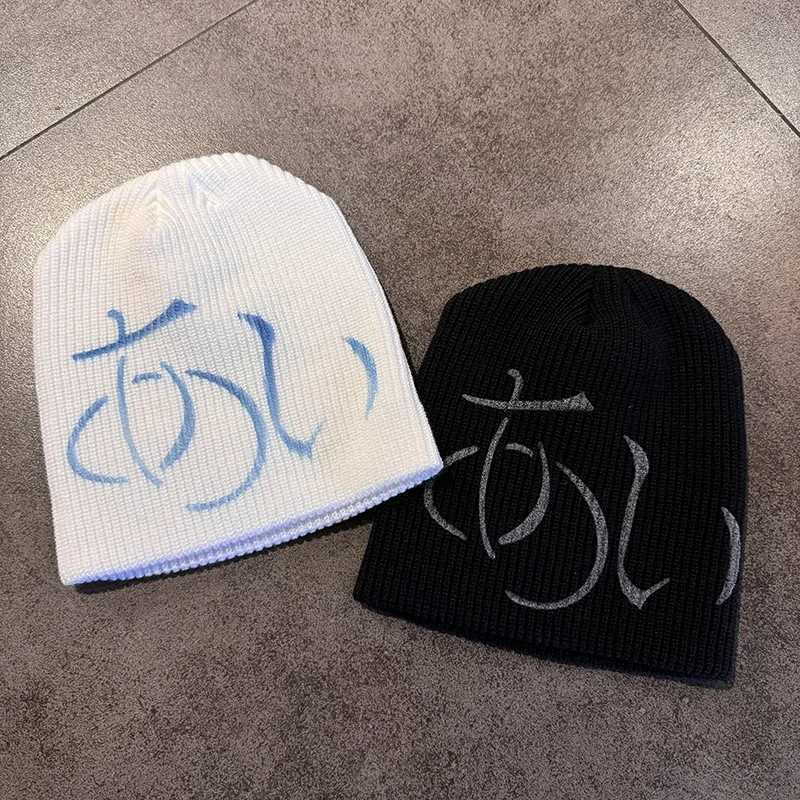 Y2K Japanese Sanskrit Letter Print Knitted Hat Autumn and Winter Street New Unisex Warm Personal Versatile Fashion Niche BeaniesXJ251110