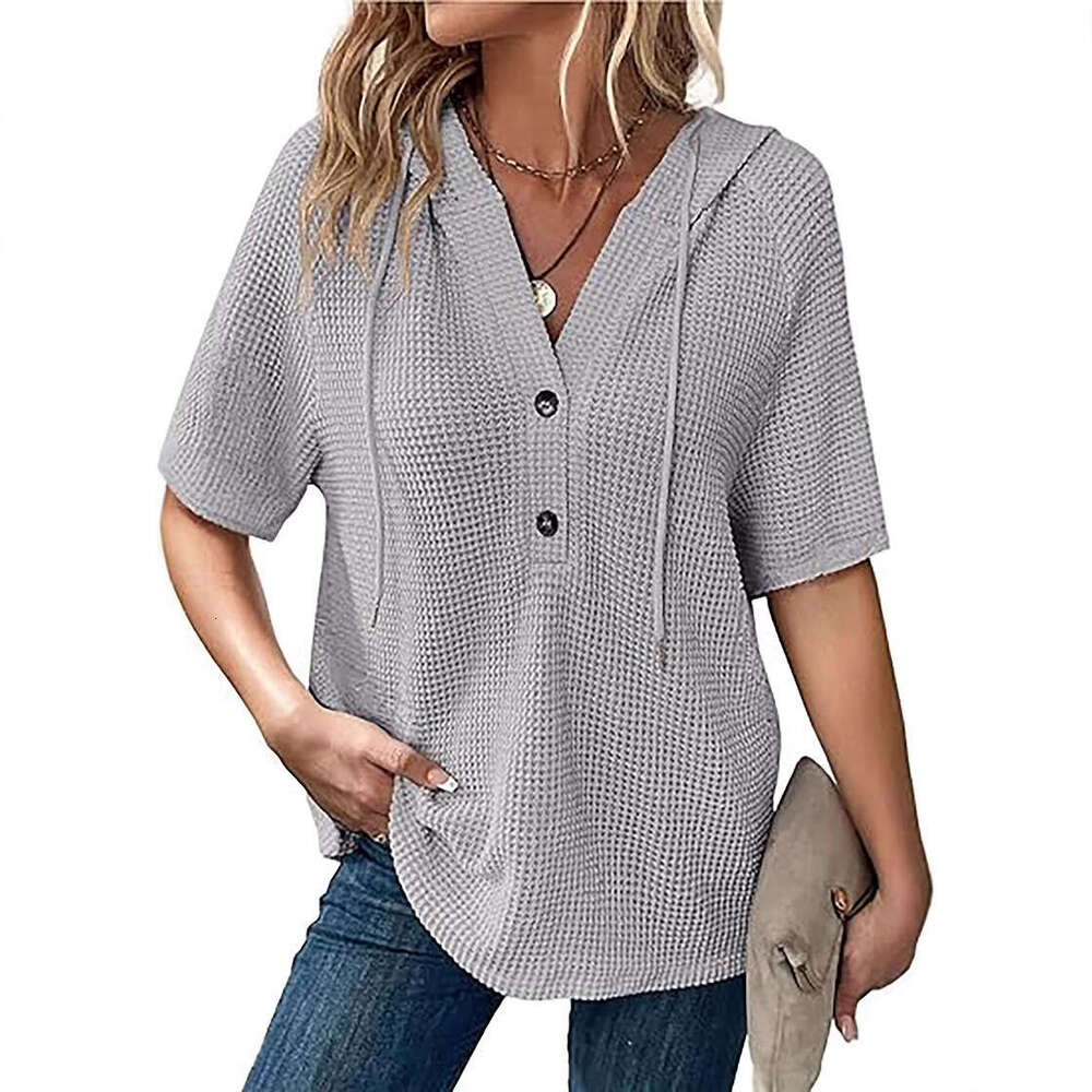 2025 Women's Summer Waffle Knit Short Sleeve Top Lightweight Drawstring Hoodie Button V-Neck Shirt