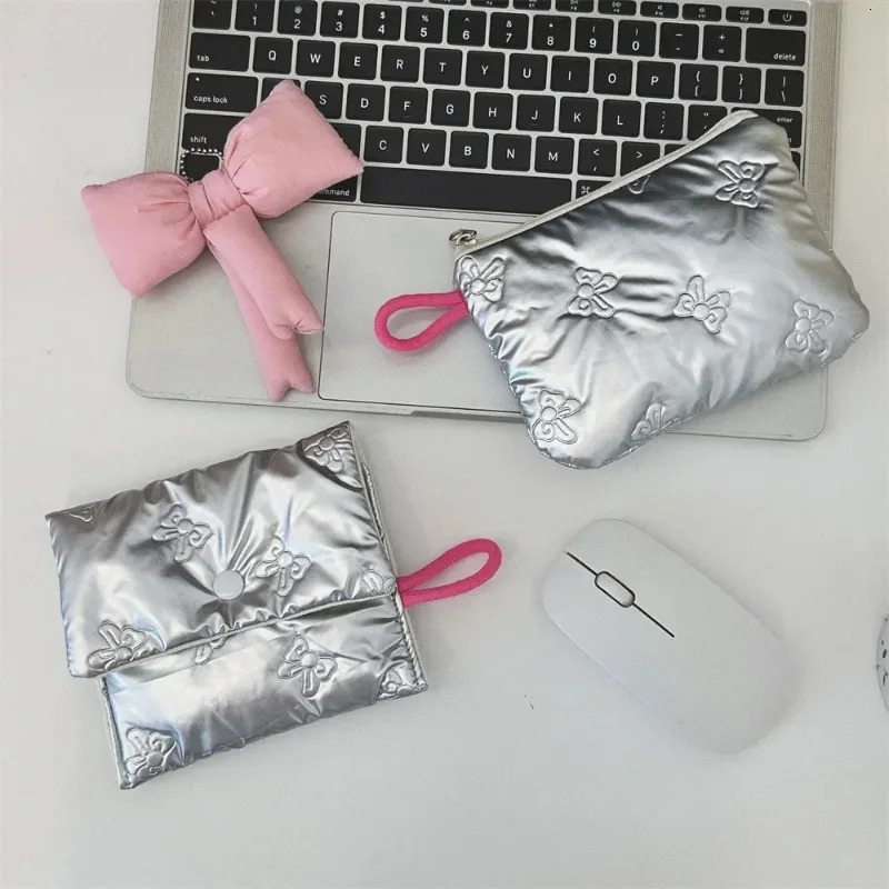 Silver Lingge Bow Pattern Coin Purses Small Canvas Coin Wallet Lady Earphone Coin Key Money Storage Bag Zipper Pouch 251110