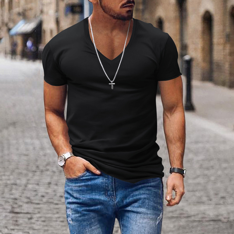 Mens summer mens V-neck solid color slim fit casual short sleeved top