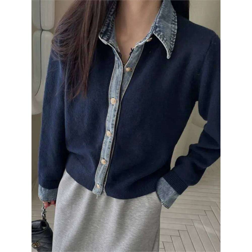 Knitted Autumn Cardigan Women Denim Patchwork Fashion Ladies Cardigans Korean Style Loose Casual Woman Sweater Coats
