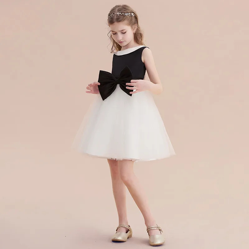 Customized white and black satin chiffon short girl party dress cute bow flower girl dress princess birthday party dress 250403