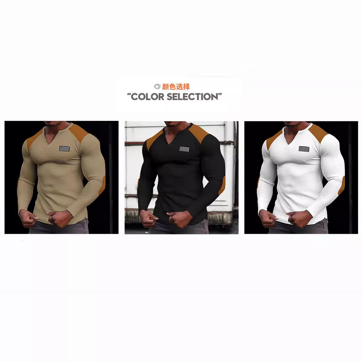 Spring and Autumn Mens Waffle V-neck T-shirt Top Holiday Long Sleeve Casual Fashion
